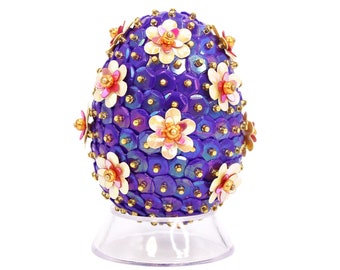 Iridescent Purple Sequin & Double Flowers Decorative Easter Egg. Retro Spring Bowl and Tiered Tray Filler Decor -or- Easter Tree Ornament.
