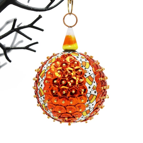 Halloween Ornament. Glass Candy Corn Topped Metallic Orange Sequins with Candy Corn Ribbon. Cute Retro Style Halloween Décor.