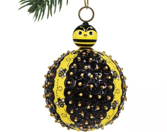 Bee Ornament with Honey Bee Ribbon and Black Sequins. Spring & Easter Tree Ornament. Retro Style Pin Holiday Baubles.