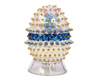 Easter Egg. Blue Color Stripe Sparkly Sequin & Czech Glass Beaded. Bowl and Tiered Tray Decoration or Easter Ornament.