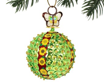 Butterfly Ornament with Sunflowers and Light Green Sequins. Spring & Easter Tree Ornament. Retro Style Pin Holiday Baubles.