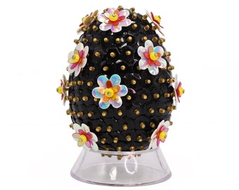 Black Sequin & Double Flower Decorative Easter Egg. Retro Style Spring Bowl and Tiered Tray Filler Decor -or- Easter Tree Ornament.