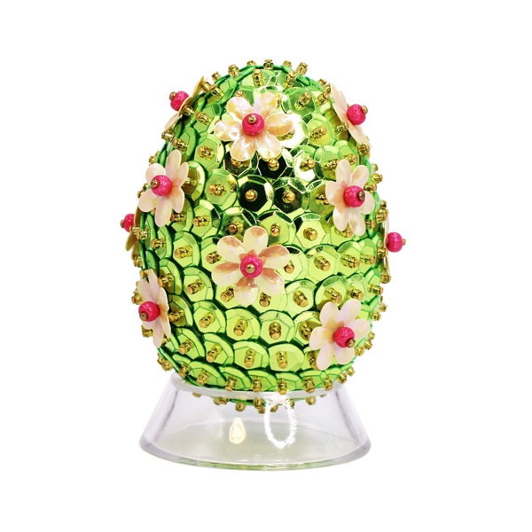 Spring Green Sparkly Metallic Sequin with Cream Flower Decorative Easter Egg. Retro Spring Bowl & Tiered Tray Filler or Easter Tree Ornament