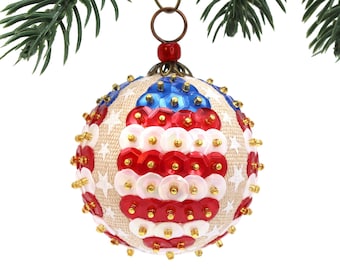 Patriotic Ornament. Rustic Stars & Stripes Americana Satin Red, White and Blue Sequins. Retro Style Holiday Baubles. 4th of July Decor.