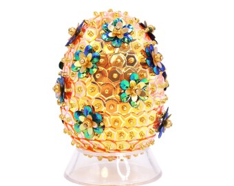 Sparkly Orange Sequin & Double Flower Decorative Easter Egg. Retro Spring Bowl and Tiered Tray Filler Decor -or- Easter Tree Ornament.