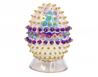 Easter Egg. Purple Color Stripe Sparkly Sequin & Czech Glass Beaded. Bowl and Tiered Tray Decoration or Easter Ornament.