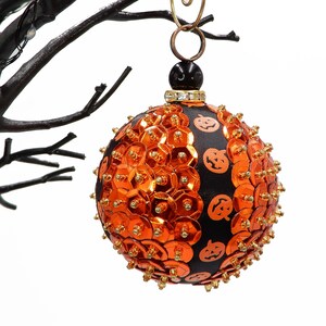 Metallic Orange Sequin with Pumpkin Ribbon Halloween Tree Ornament. Nostalgic Retro Style Halloween Decor. Sparkly Spookmas Holiday Baubles.