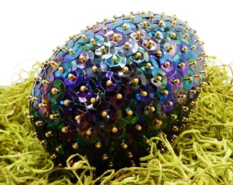 4" Dragon Egg, Unique Iridescent Black Oil Spill Sequin Egg, Gift for RPG Players and Fantasy Lovers
