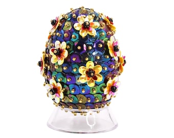 Easter Egg with Iridescent Black Oil Spill Sequin & Double Flowers. Pretty Bowl and Tiered Tray Filler Decor -or- Easter Tree Ornament.
