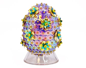 Sparkly Iridescent Purple Sequin & Double Flower Easter Egg. Retro Spring Bowl and Tiered Tray Filler Decor -or- Easter Tree Ornament.