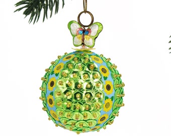 Butterfly Ornament with Sunflowers and Light Green Sequins. Spring & Easter Tree Ornament. Retro Style Pin Holiday Baubles.