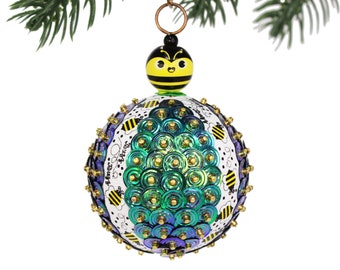 Bee Ornament with Buzzing Bees Ribbon and Sparkly Iridescent Green-Blue Sequins. Spring & Easter Tree Ornament. Retro Style Holiday Bauble.