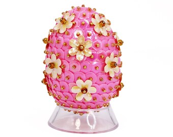 Iridescent Pink Sequin & Daisey Flower Decorative Easter Egg. Retro Style Spring Bowl and Tiered Tray Filler Decor -or- Easter Tree Ornament