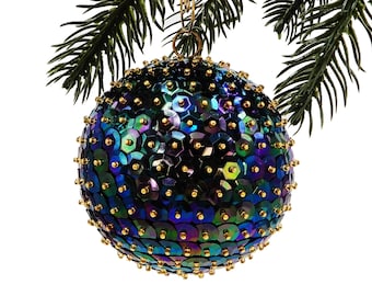 3" Iridescent Black Oil Spill Sequin Christmas Tree Ornament, Nostalgic Retro Style Christmas, Unique Holiday Baubles with a Vintage Feel