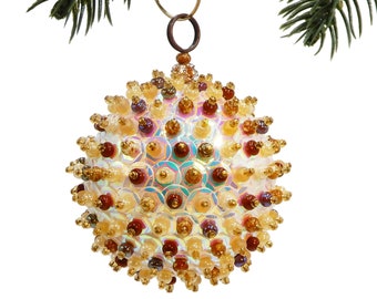 Brown & Tan Czech Glass Hand Beaded Christmas Ornament, Sparkly Iridescent Sequin Holiday Bauble. Midcentury Modern Christmas Tree Decor