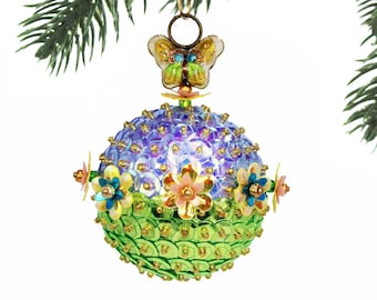 Butterfly in a Sequin Flower Garden Spring & Easter Tree Sequin Ornament. Retro Style Pin Holiday Baubles.