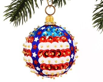 Patriotic Ornament. Stars & Stripes Americana Metallic Red, White and Blue Sequins. Retro Style Holiday Baubles. 4th of July Decor.