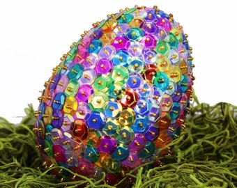 4" Dragon Egg with Unique Sparkly Multicolor Rainbow Sequins that look like Stained Glass. Gift for RPG Players and Fantasy Genre Lovers.