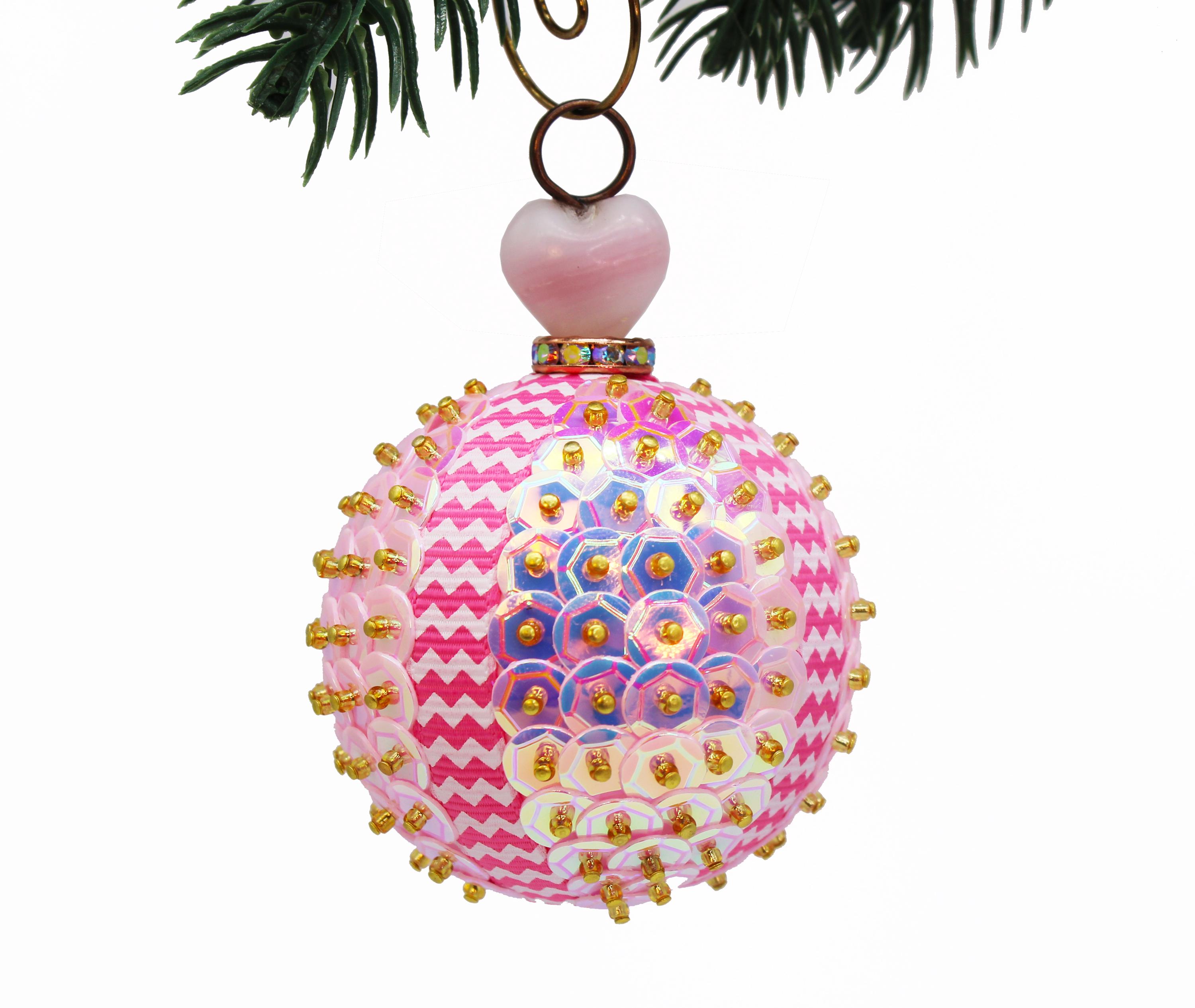 Valentines Day Ornament. Pink Glass Heart Topped Sparkly Metallic Pink Sequins. Retro Valentine's or Christmas Decor.
