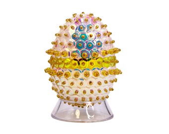 Easter Egg. Yellow Color Stripe Sparkly Sequin & Czech Glass Beaded. Bowl and Tiered Tray Decoration or Easter Ornament.
