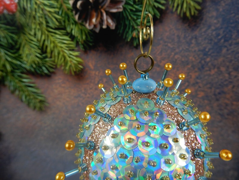 Nostalgic Retro Ornament Ice Blue /& Gold Sequin Beaded Christmas Ornament Tree Decoration Glass Beads
