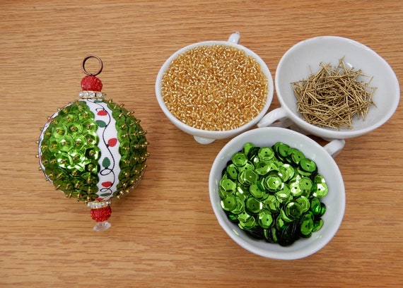 DIY Sequin Ornament KIT Deck the Halls Green Gold and Red With