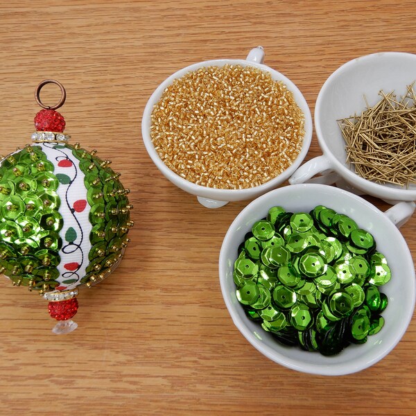 DIY Sequin Ornament KIT Deck the Halls - Green | Gold and Red with Green Sequins Beaded Xmas Lights Ribbon 2" Round Christmas Tree Ornament