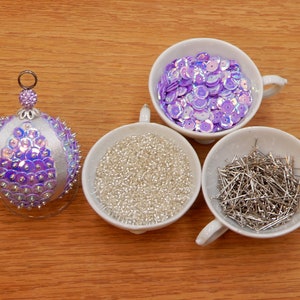 DIY Sequin Ornament KIT 'Purple Frost' | Iridescent Purple Metallic Sequins with Silver ribbon & Pins. 2" Round Christmas Tree Ornament