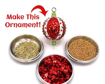 DIY Sequin Ornament KIT 'Deck the Halls - Red' | Gold & Green with Red Sequins Beaded Xmas Lights Ribbon 2" Round Christmas Tree Ornament
