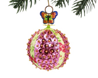 Butterfly Ornament with Pink Flower Ribbon and Pink Sequins. Spring & Easter Tree Ornament. Retro Style Pin Holiday Baubles.