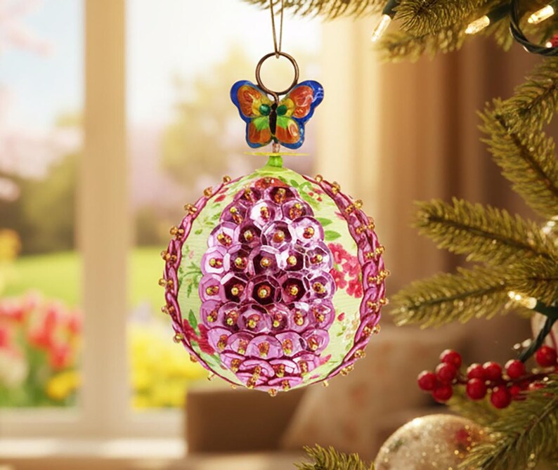 Spring Bauble Butterfly Ornament With Pink Flower Ribbon and Pink Sequins. Spring ...