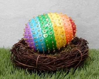 Vibrant Pastel Satin Rainbow Striped Sequin Decorative Easter Egg, Beaded Easter Tree Ornament or Bowl & Basket Filler Décor