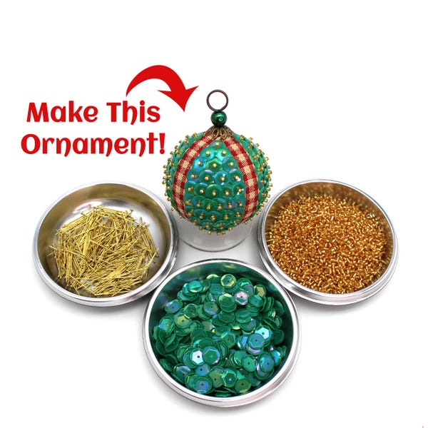 DIY Sequin Ornament KIT Christmas Cottage - Classic Christmas Green Sequins Christmas Ornament Kit. Fun & Easy Craft Night Project.