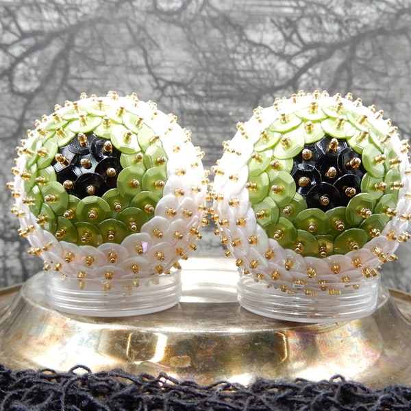 Pair of Green & White Sequin Eyeballs, Halloween Vase, Tiered Tray or Bowl Fillers, Creepy Zombie Eye, Spookmas Holiday Baubles