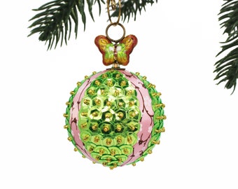 Butterfly Ornament with Cherry Blossom Ribbon and Light Green Sequins. Spring & Easter Tree Ornament. Retro Style Pin Holiday Baubles.