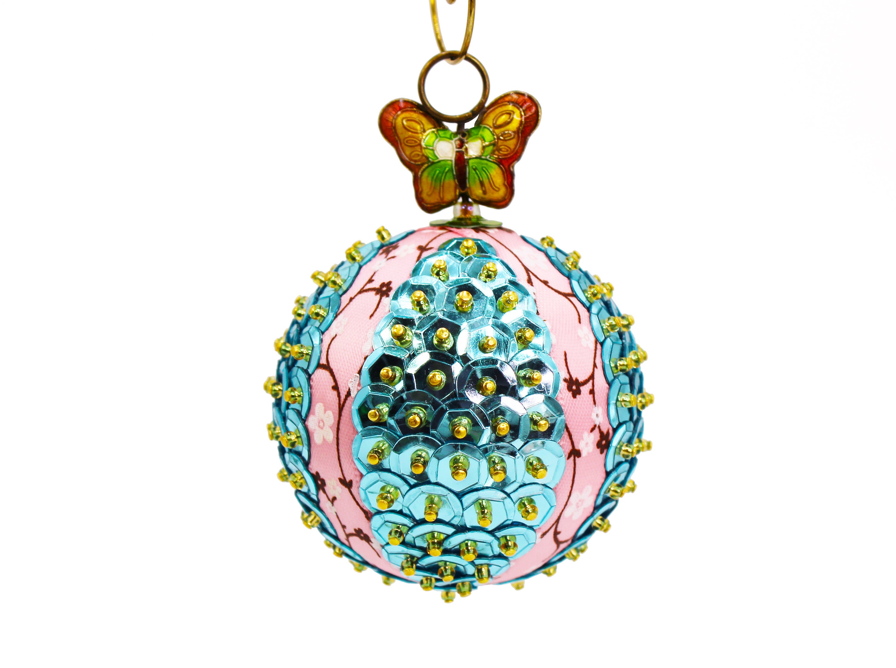 Spring Bauble Butterfly Ornament With Cherry Blossom Ribbon and Light Blue Sequins ...
