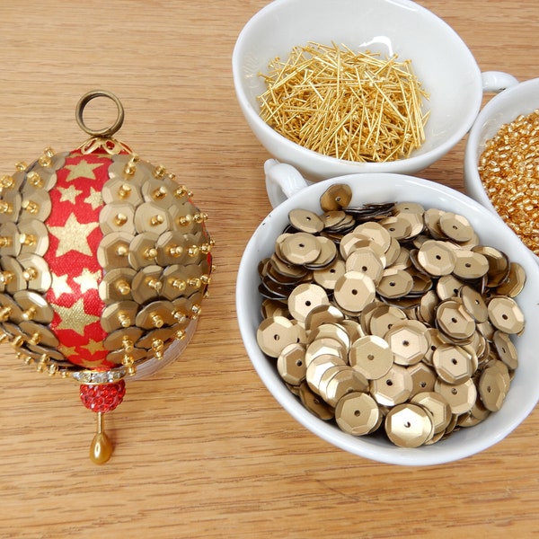 DIY Sequin Ornament KIT Golden Stars - Gold Sequins and Red Ribbon Beaded 2 inch round Christmas Ornament, Fun & Easy Craft Night Project