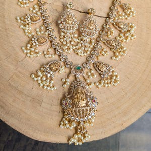 One Gram Gold Finish Lakshmi Devi Cubic Zirconia Pearl Guttapusalu South Indian Necklace Set with earrings/ Traditional Temple Indian Set