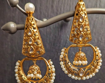 Kundan Chandbali Gold Earrings/ Bollywood Fashion Earrings/ Antique Gold Earrings/ Amarpali Earrings