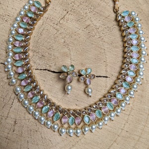 Multicolor Pastel stone polki  pearls set with small flower earrings/Indians Pearls polki set/ Antique Gold Polki Set/Elegant Indian Jewelry