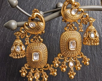 Antique Gold Peacock kundan Jhumka Earrings/ Indian Traditional Gold Earrings/ Bollywood Jewelry/ Amarpali/ Large Jhumka Earrings