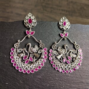 Oxidized Silver Earrings/German Silver Earrings/Afghan Silver Earrings/Boho Silver Earrings/ Nature Inspired Silver Earrings/Ruby Earring