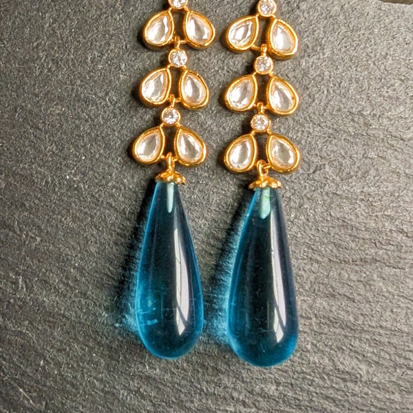 Long Kundan Dangle Earrings with Blue Dangle/ Gold Kundan Jadau Earrings/ Bollywood earrings/Polki Earrings