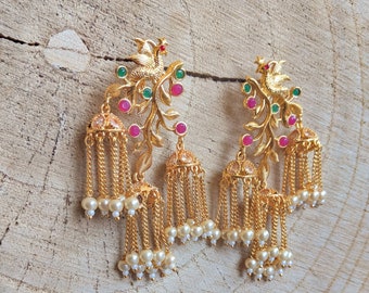 Gold Jhumkas/ Indian Earrings/ Multi jhumka Earrings/ Bollywood Earrings/ Bird Earrings/ Pearl Earrings/ Jhumkas/ Indian Wedding Earrings