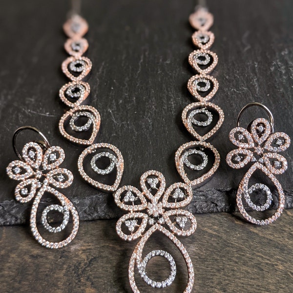 Rose gold Floral Elegant Necklace Set With Earrings/ Black Finish Elegant Necklace Set/ Twotone Necklace Set/ Indian Jewelry/Bridal Necklace