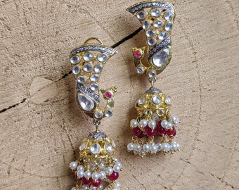 Victorian Stylye Kundan Twotone Peacock Jhumkas / Pearl Kundan Jhumka Earrings/ Ruby & Pearls Jhumkas/ CZ Stone Indian Jhumka Eaarings/