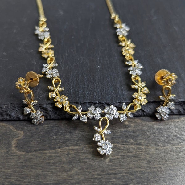Minimalist Floral Zircon necklace Set/ Dainty Bridal Necklace/ Indian Simple Jewelry/ Two tone floral Necklace