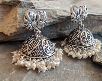 Small Silver look alike jhumk earrings with pearls/ Bollywood Jewelry/ Indian Jewelry/ Indian Earrings