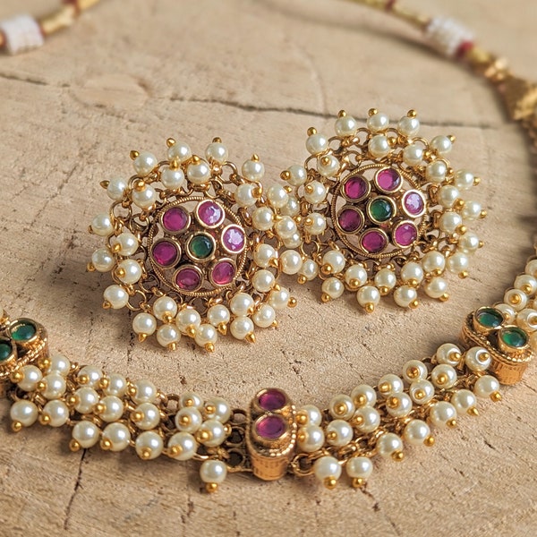 Pearls choker set with chandbali earrings/ peacock pearl choker/ Cluster pearl Choker set/ Indian Choker set/ Gold Choker Set/Antique Choker