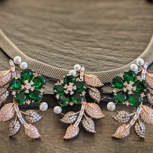 Rose Gold Floral Choker Set With Earrings/ Emerald Cz stones Flower Choker Set/ Black Finish Pendant Set/ Bridal Flower Choker Pendant Set